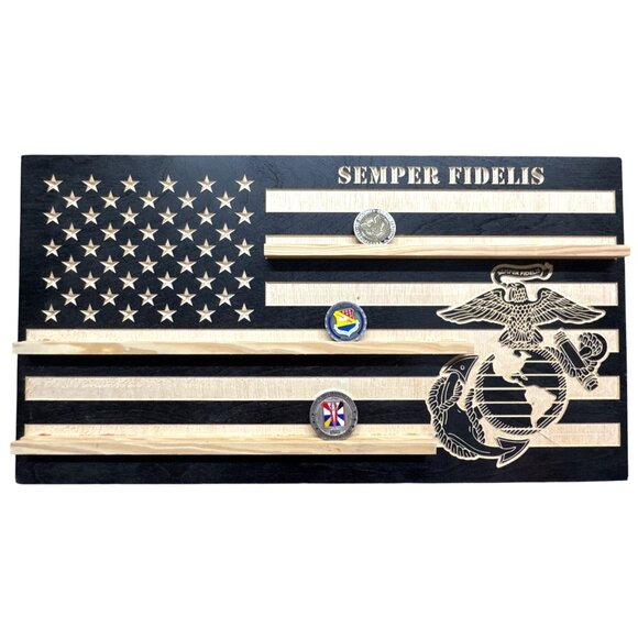 Handcrafted Wooden Marine Corps Challenge Coin Flag Display With Semper Fidelis - Picture 1 of 3